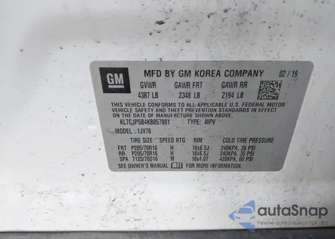 2019 Chevrolet Trax Lt из США, поврежденный, VIN KL7CJPSB4KB857881